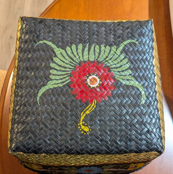 Vintage hand painted rattan box